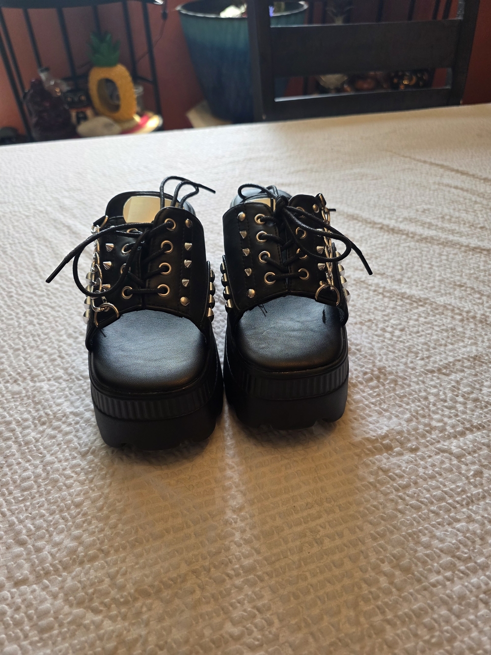 Black Platform Studded Lace-Up Sandal with Chain Accent - Picture 2 of 7